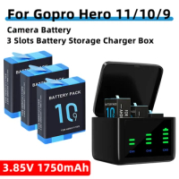 For Gopro Hero 11/10/9 Camera Battery 1750mAh For GoPro Hero Battery GoPro Hero 9 10 11 WIth 3 Slots Battery Storage Charger Box