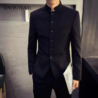 XINIYA中山裝男套裝青年修身民國校服立領熱血高校外套潮學生韓版--享樂