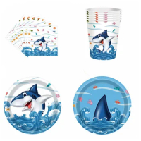 cean Shark Theme Birthday Party Disposable Cutlery Set Paper Cup Plate Balloon Banner Baby Bath Supplies Birthday Decorations
