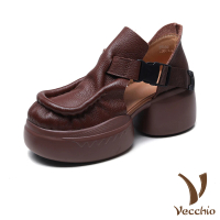 【Vecchio】真皮涼鞋 厚底涼鞋/全真皮頭層牛皮立體復古滾邊厚底休閒涼鞋(棕)