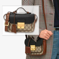 【GUCCI 古馳】658487 經典Padlock MINI 雙色拼接掛鎖造型手提肩背包(棕黑色)