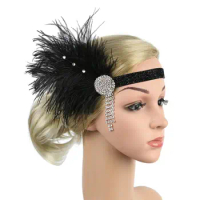 Elastic Vintage Diamond Headdress Dancing Party Dress Accessories Feather Headband Gatsby Flapper Bridal Headpiece