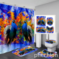 New 3D Print Animal Peacock Shower Curtain Waterproof Bathroom Curtain Anti-slip Bath Mat Set Toilet Rugs Carpet VR57