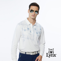 【Lynx Golf】男款合身版吸濕排汗Lynx Golf字樣線條印花長袖POLO衫-白色