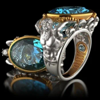 Gorgeous Men's Hip Hop Ring Aquamarine Jewelry Sea King Embroidery Sea King Poseidon Ring Men's Party Anniversary Birthday Gift