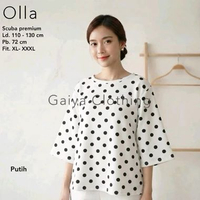 Blouse scuba / Atasan jumbo scuba premium motif polkadot besar - OLLA TOP Putih