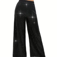 Black Sequin Decor Wide Leg Pants,70S Disco Casual High Waist Loose Pants For Spring &amp; Summer, Women's Clothing