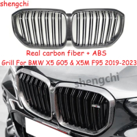 G05 1-Slat/2-Slat Real Carbon Fiber ABS Gloss Black Grille For BMW X5 G05 X5M F95 Front Bumper Grill Auto Accessories 2019-2023