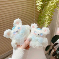 Plush Cute Bear with Blue Bow Case for Apple AirPods Pro Cover for AirPods 2 Generation Shell 2021 Hairy Furry Lovely Girl