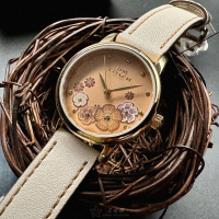 【COACH】COACH手錶型號CH00207(粉紅錶面金色錶殼米黃真皮皮革錶帶款)