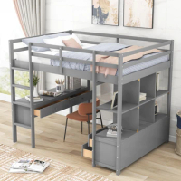 Full Size Loft Bed w/ Built-in Desk w/ 2 Drawers,Multi-functional kids bed youth w/ Storage Shelves &amp; Drawers,Bedroom Furniture
