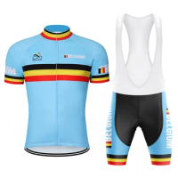 belgium racing Cycling jersey Men Short sleeve Set Bicycle Suit Mtb Clothes Triathlon Retro Skinsuit Summer Bib shorts Blue