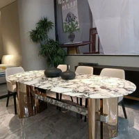 Luxurious stone dining table rectangular light luxury high-end natural marble oval dining table villa home