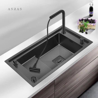 ASRAS -8345NJ SUS304 Stainless Steel Nano Matt Black Sink Kitchen Single Sink With Pull Out Faucet Large Nanotech Plating Sink
