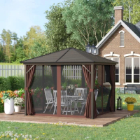 10'x10' Permanent Metal Roof Gazebo Canopy with Curtains&amp;Netting, Outdoor Hardtop Gazebo with Aluminum Frame for Garden, Patio