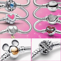 HEROCROSS Disney S925 Silver Bracelet Moments Sparkling Mickey Mouse Heart Clasp Snake Chain Bangle For Women DIY Charms Beads