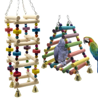 Wooden Parrot Hanging Rainbow Hammock training Ladder Toys With Bells Bird Cage Pet Accessories For Large Small Birds