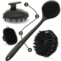 Bộ Cọ Tắm & Tắm Bằng Silicon, 4 Cái, Hai Mặt, Cán Dài, Để Mát Xa Lưng, Mặt Và Da Đầu, Máy Chà Sàn Cơ