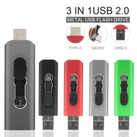 Metal USB Flash Drive 3 IN 1 USB 2.0 &amp; Type C &amp; Micro USB Stick OTG Pen Drive 128GB 64GB 32GB 16GB 8G Pendrive U Disk