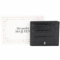 Alexander McQueen 骷髏頭銀飾鱷魚紋壓花4卡對折短夾(黑色)