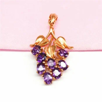 Plated 14K Rose Gold Inlaid Amethyst Grape Pendant Necklace Sweet Charm Delicate Elegant Wedding Ladies Jewelry