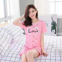 Summer Short Pajama for Women Girls Fashion Heart Sleepwear Sets Faux Silk Lady Home Clothes