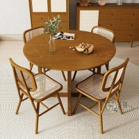 侘寂風實木餐桌椅組合 家用小戶型 日式藤編圓桌 民宿吃飯桌子泡茶桌