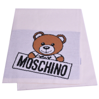 MOSCHINO 義大利製小熊字母LOGO圖騰混羊毛圍巾(米白)