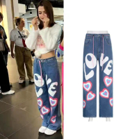 Becky Same Denim Street Style Quirky Print Loose and Slimming Low Waisted Tie Up Casual Straight Pants Freenbecky