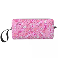 Nursing Medica Pattern Nurse Bright Pink Large Makeup Bag Beauty Pouch Travel Cosmetic Bags Storage Bag for Unisex