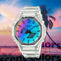 CASIO 卡西歐 G-SHOCK 八角 彩虹蒸鍍 漸變錶面雙顯手錶 520送禮推薦-透明 GA-2100SRS-7A