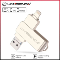 WANSENDA Metal USB Flash Drive 128GB 256GB Pen Drive 16GB 32GB 64GB Flashdisk 3.0 for iPhone 14 Pro/13/12/11/XR Memory Stick