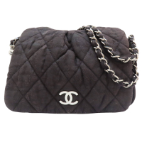 【二手名牌BRAND OFF】CHANEL 香奈兒 黑色 帆布 菱格紋 肩背包 鍊帶 銀扣 (無卡)