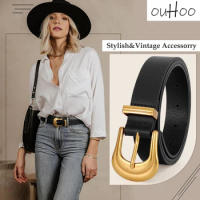 New Women's Western Belt Vintage Black Leather Waist Belts for Pants Jeans with Gold Buckle fashion