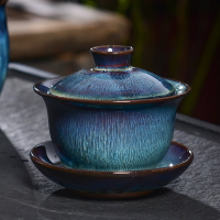 陶福氣 兔毫拉絲建盞蓋碗 家用陶瓷功夫茶具天目釉建盞切茶碗
