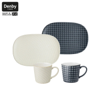【DENBY】印象圖騰雙色午茶杯盤組-米白+岩灰
