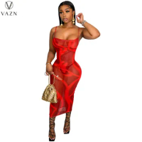 VAZN 2022 New Arrival Sexy Young See Through Lace Open Style Spaghetti Strap Sleeveless High Waist Women Long Pencil Dress