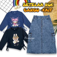 SETELAN KNIT ANAK PEREMPUAN / ATASAN KNIT SERUT ANAK MOTIF SABLON / ROK JEANS CARGO 2-12 TAHUN IMPOR