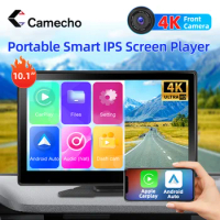 Camecho 10.1" IPS Touch Screen Car Monitor Wireless Carplay &amp; Android Auto Portable Smart Car Multimedia Player 4K Front DVR Cam