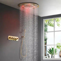 23.6 inch ceiling concealed shower set Gold Brass Bathroom shower faucet set LED Light Thermostatic 4 function Shower head set