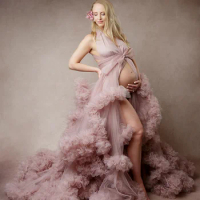Elegant A Line Maternity Dress Tulle Pretty Halter Sleeveless Tiered Pleated Pregnancy Robe For Photoshot Puffy Fluffy Customize