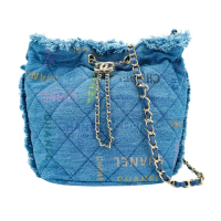 【CHANEL 香奈兒】牛仔布淡金釦斜背水桶包(AS3027-牛仔藍)