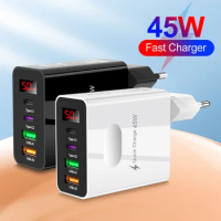 45W PD USB Charger Digital Display QC3.0 Wall Charger for iPhone 14 13 Samsung Xiaomi Mobile 4 Ports EU US UK Plug Power Adapter