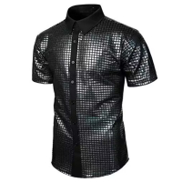 Bullker Anti-Wrinkle Men Shirt Men Performance Shirt Men S 70S Disco Costume Shirt Shiny Sequins Sho