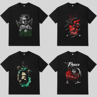 Baju T-shirt Lelaki Gaya Jalanan dengan Cetakan, Lengan Pendek, Kapas Hitam korean sulam CNY Sejadah