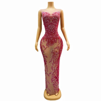 Fashion Pink Rhinestones Nude Transparent Sleeveless Long Dress Birthday Celebrate Crystals Dance Costume Evening lianhua