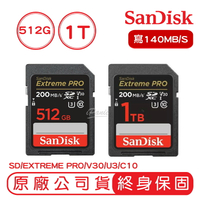 【享4%點數】SanDisk 512GB 1TB EXTREME PRO SD U3 V30 記憶卡 讀200MB 寫140MB【限定樂天APP下單】