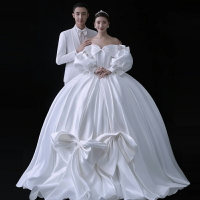 影樓高定女王主題服裝婚紗攝影白紗韓式公主風拍照緞面拖尾禮服