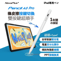Novaplus A8 Pro最新旗艦iPad繪圖手寫筆：首創簡報上下鍵、側邊實體橡皮擦、全球唯一雙充電 黑色