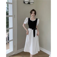 Minimal French Texture Dress Black and White O-Neck Puff Sleeve Waist Tie Bow A-line Dresses Casual Daily Office Dress for Women